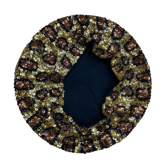 1990s Leopard Sequin Beret – Vintage Beaded Hat w/ Adjustable Strap